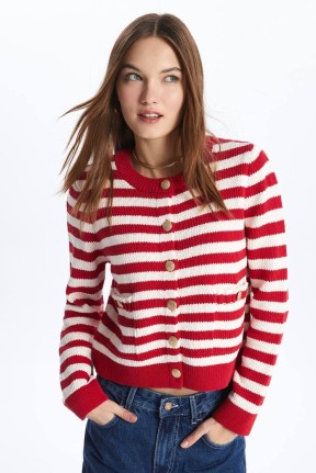 Düğmeli çizgili triko hırka