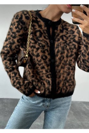 Kadın leopar desenli düğmeli hırka 