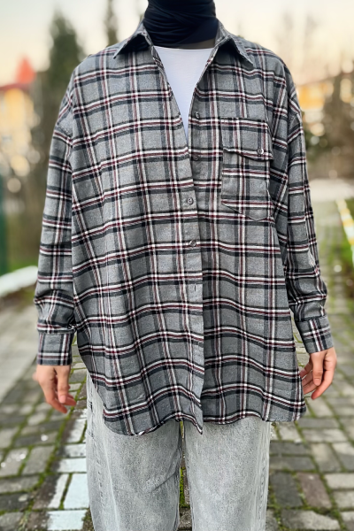 Klasik yaka cep detay oversize ekose gömlek Klasik yaka cep detay oversize ekose gömlek