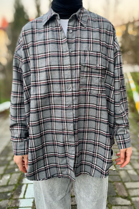 Klasik yaka cep detay oversize ekose gömlek Klasik yaka cep detay oversize ekose gömlek