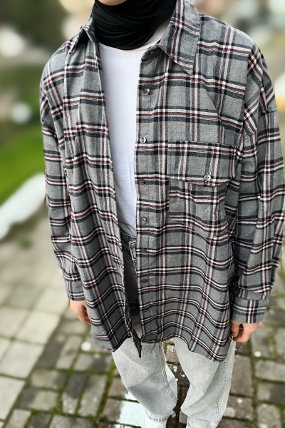 Klasik yaka cep detay oversize ekose gömlek Klasik yaka cep detay oversize ekose gömlek