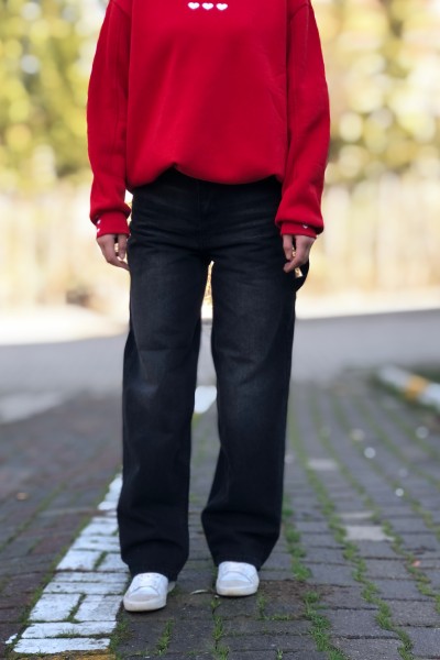 Kadın beggy kemer detay soluk siyah jeans 