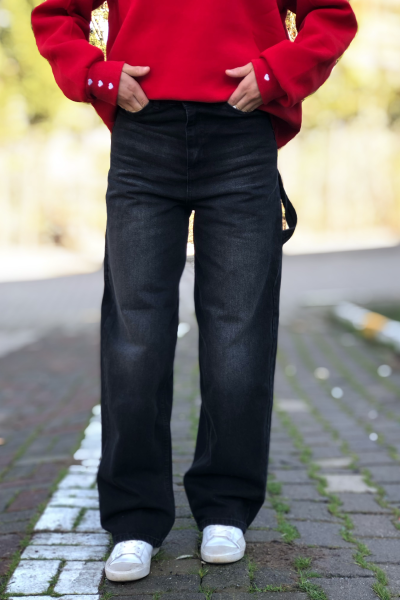 Kadın beggy kemer detay soluk siyah jeans Kadın beggy kemer detay soluk siyah jeans