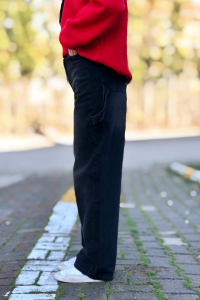 Kadın beggy kemer detay soluk siyah jeans 