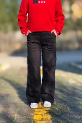 Siyah kargo cep yüksek bel bol paça jeans