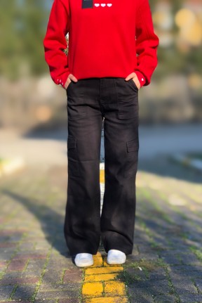 Siyah kargo cep yüksek bel bol paça jeans