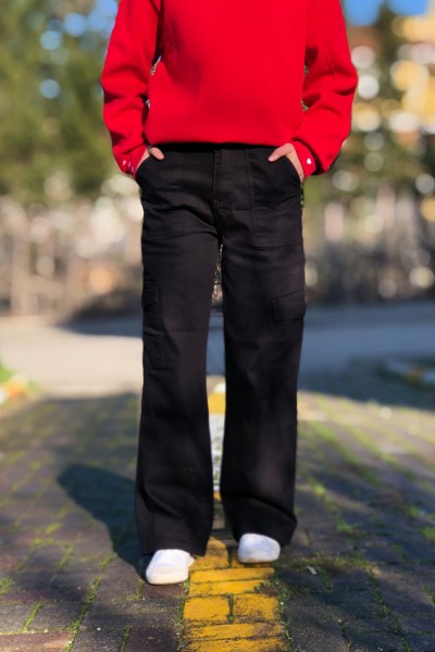 Siyah kargo cep yüksek bel bol paça jeans