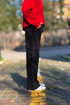 Siyah kargo cep yüksek bel bol paça jeans