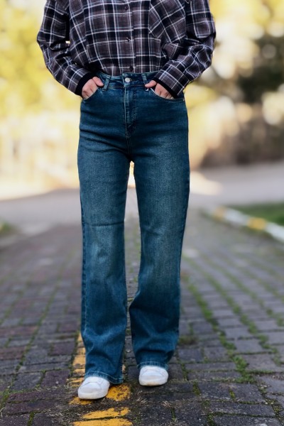Mavi tint yıkama yüksek bel jeans