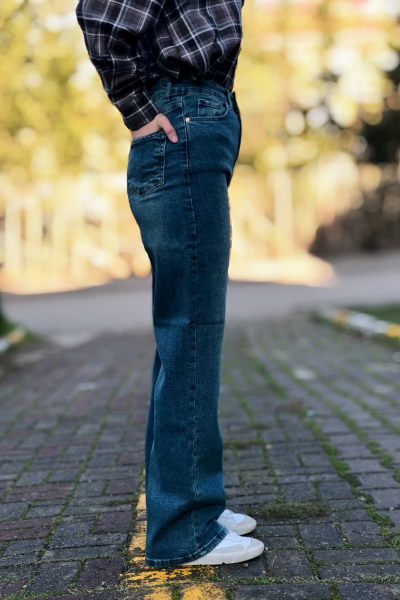 Mavi tint yıkama yüksek bel jeans