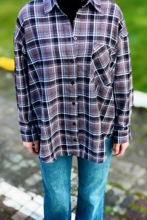 Klasik yaka düğmeli cep detay oversize ekose gömlek