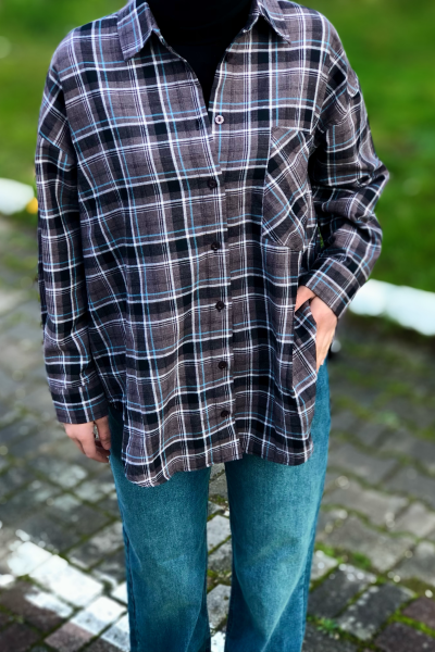 Klasik yaka düğmeli cep detay oversize ekose gömlek Klasik yaka düğmeli cep detay oversize ekose gömlek