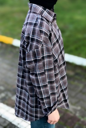 Klasik yaka düğmeli cep detay oversize ekose gömlek