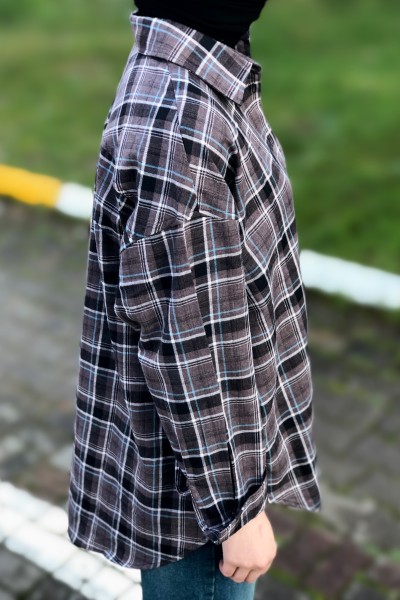 Klasik yaka düğmeli cep detay oversize ekose gömlek 