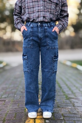 Koyu mavi kargo cep yüksek bel bol paça jeans