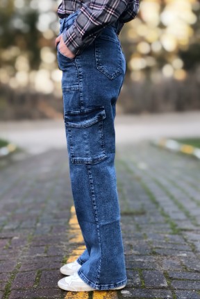 Koyu mavi kargo cep yüksek bel bol paça jeans