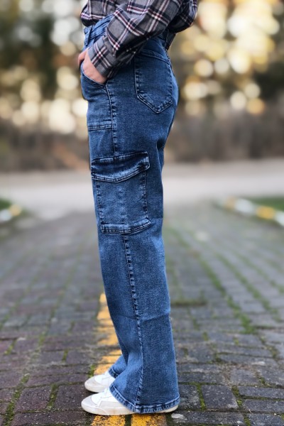 Koyu mavi kargo cep yüksek bel bol paça jeans