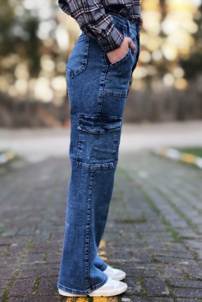 Koyu mavi kargo cep yüksek bel bol paça jeans