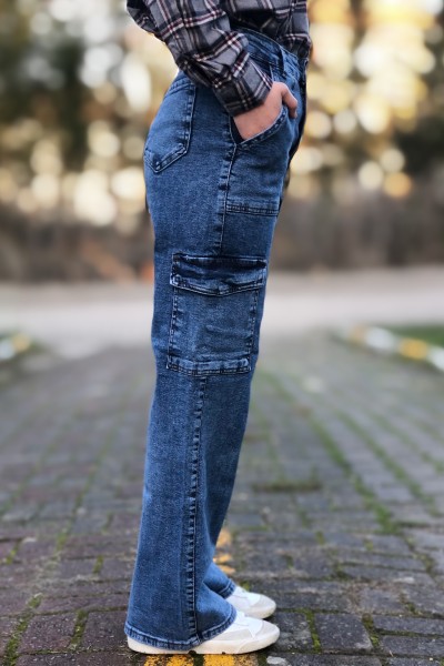 Koyu mavi kargo cep yüksek bel bol paça jeans