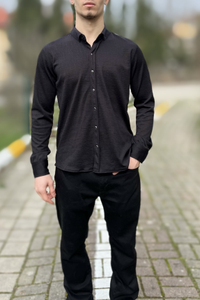 Siyah likralı çıtçıt düğmeli erkek gömlek Siyah likralı çıtçıt düğmeli erkek gömlek