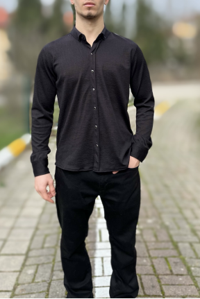 Siyah likralı çıtçıt düğmeli erkek gömlek Siyah likralı çıtçıt düğmeli erkek gömlek
