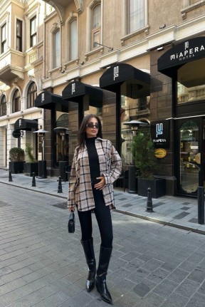 Klasik yaka cep detay oversize ekose gömlek