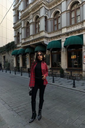 Klasik yaka cep detay oversize ekose gömlek