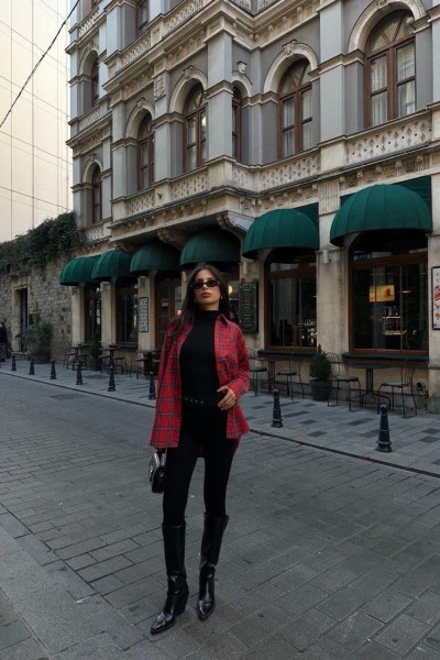 Klasik yaka cep detay oversize ekose gömlek