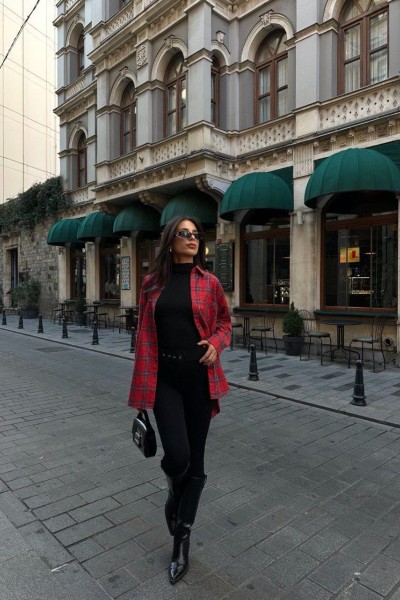 Klasik yaka cep detay oversize ekose gömlek