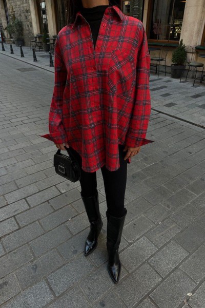 Klasik yaka cep detay oversize ekose gömlek