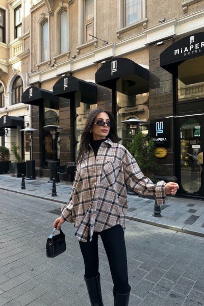 Klasik yaka cep detay oversize ekose gömlek