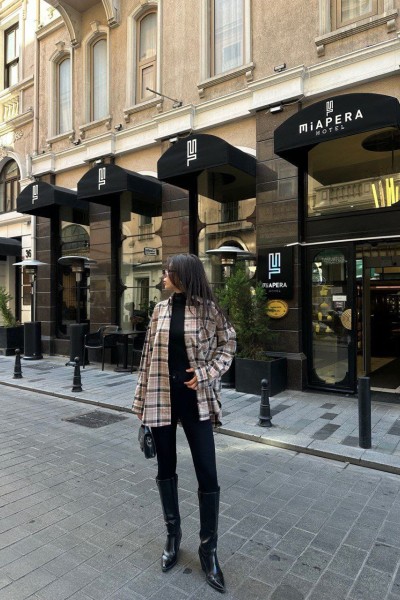 Klasik yaka cep detay oversize ekose gömlek