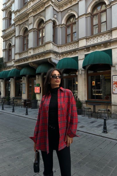 Klasik yaka cep detay oversize ekose gömlek