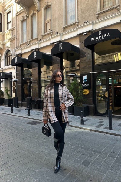 Klasik yaka cep detay oversize ekose gömlek